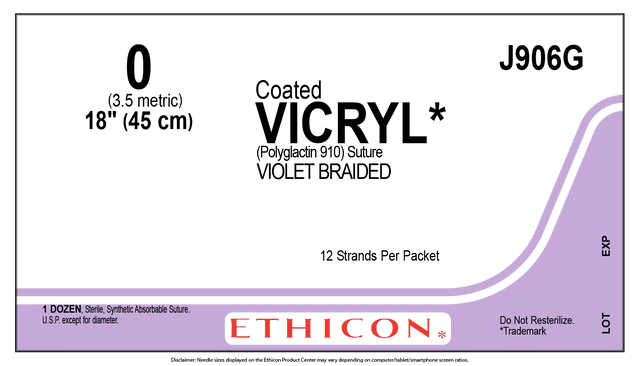 Ethicon Vicryl J906G Suture - Violet Braided Polyglactin 910, Absorbable (Box of 12) Ethicon