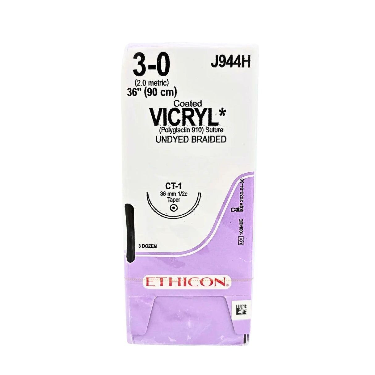 Ethicon J944H Coated VICRYL Undyed Braided Absorbable Suture Size 3-0 with CT-1 Needle – Box of 36 Ethicon
