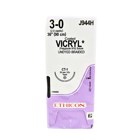Ethicon J944H Coated VICRYL Undyed Braided Absorbable Suture Size 3-0 with CT-1 Needle – Box of 36 Ethicon