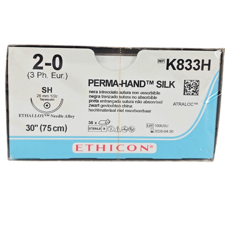 Ethicon Perma-Hand Silk K883H Suture - Black Braided Silk, Nonabsorbable (Box of 36) Ethicon / Johnson & Johnson