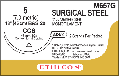 Ethicon Stainless Steel M657G Suture - Stainless Steel, Nonabsorbable (Box of 12) Ethicon