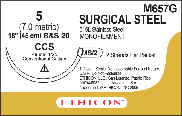 Ethicon Stainless Steel M657G Suture - Stainless Steel, Nonabsorbable (Box of 12) Ethicon