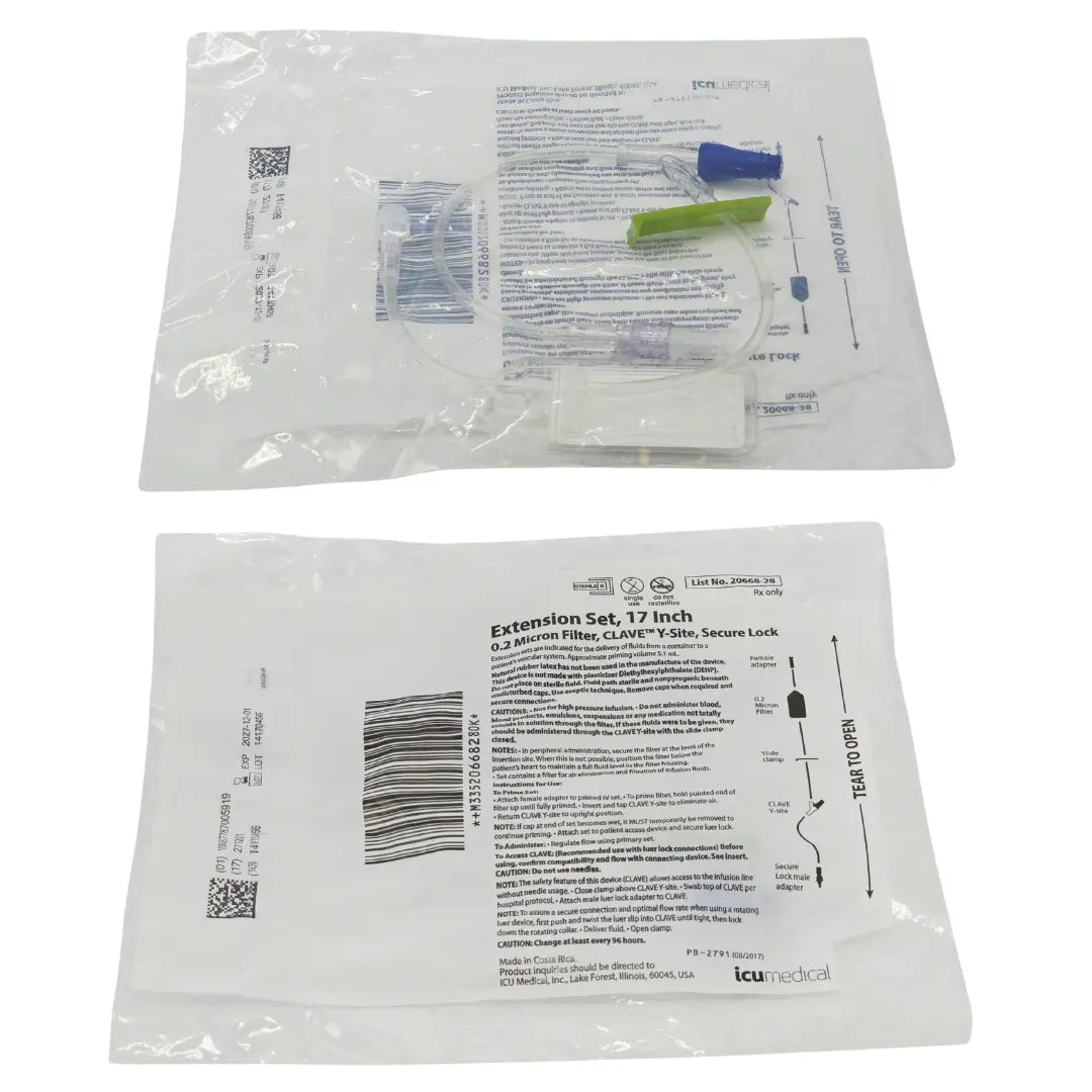 ICU Medical 20668-28 IV Extension Set 17" w/ 0.2 Micron Filter & Clave Y-Site (Case of 48) - New ICU Medical