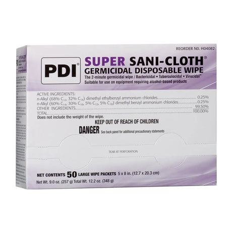 PDI SUPER SANI-CLOTH GERMICIDAL DISPOSABLE WIPE Germicidal Disposable Wipe, Large, Individual, Boxed, 5" x 8", 50/bx, 10 bx/cs PDI