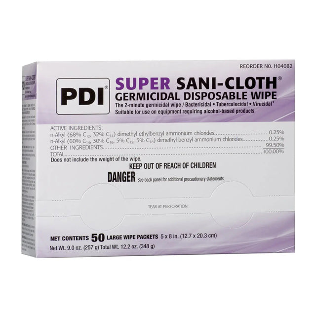 PDI SUPER SANI-CLOTH GERMICIDAL DISPOSABLE WIPE Germicidal Disposable Wipe, Large, Individual, Boxed, 5" x 8", 50/bx, 10 bx/cs PDI