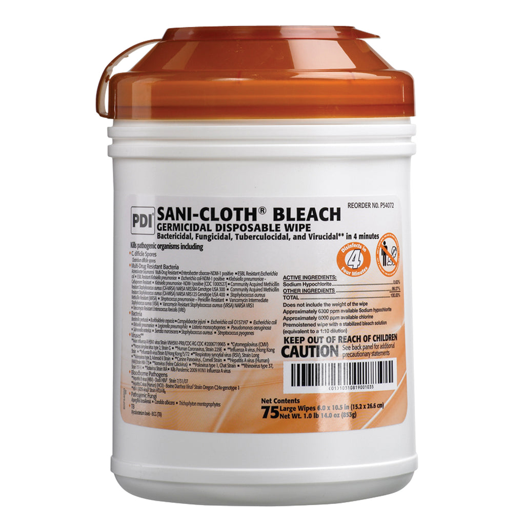 PDI SANI-CLOTH BLEACH GERMICIDAL DISPOSABLE WIPE Bleach Germicidal Disposable Wipe, Large, 6" x 10½", 75/canister, 12 can/cs (30 cs/plt)