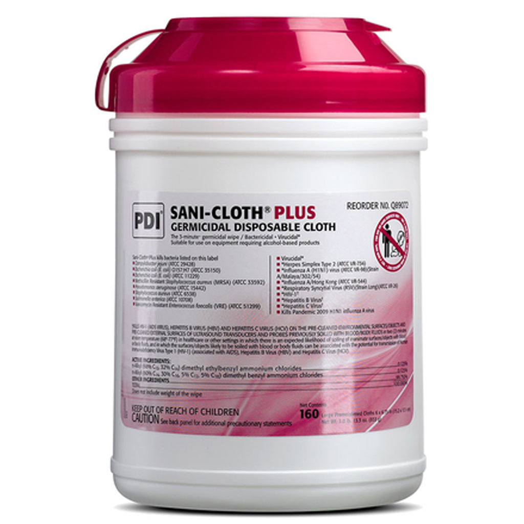 PDI SANI-CLOTH PLUS GERMICIDAL DISPOSABLE CLOTH Plus Germicidal Disposable Cloth, Large 6" x 6¾", 160/canister, 12 canisters/cs (30 cs/plt) (020370)