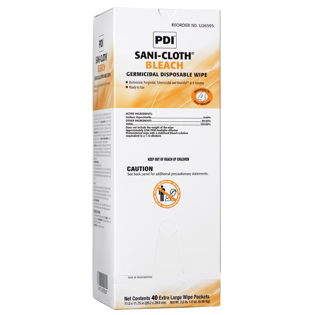 PDI SANI-CLOTH BLEACH GERMICIDAL DISPOSABLE WIPE Bleach Germicidal Disposable Wipe, X-Large, 11½" x 11¾", 40 Individual Packs/bx, 3 bx/cs (100 cs/plt)