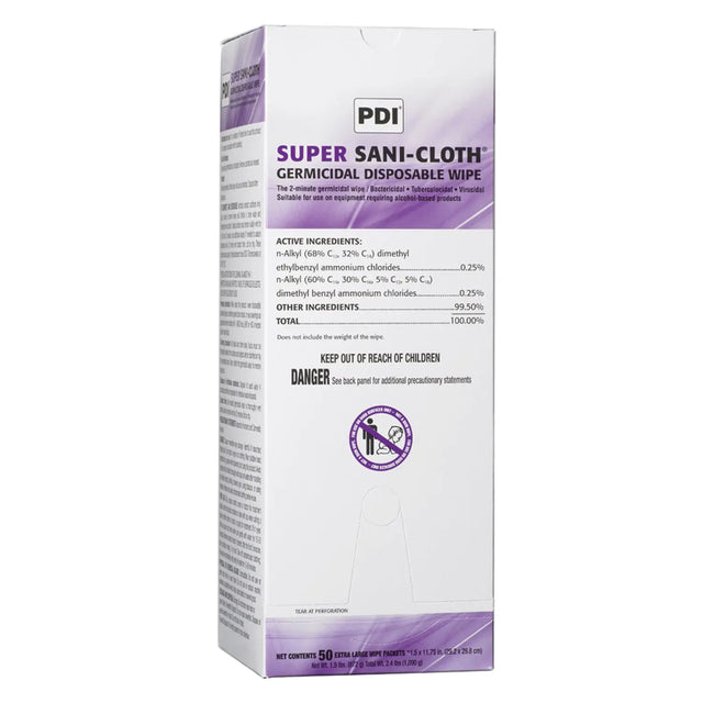 PDI SUPER SANI-CLOTH GERMICIDAL DISPOSABLE WIPE Germicidal Disposable Wipe, X-Large, Individual, Boxed, 11½" x 11¾",  50/bx, 3 bx/cs PDI