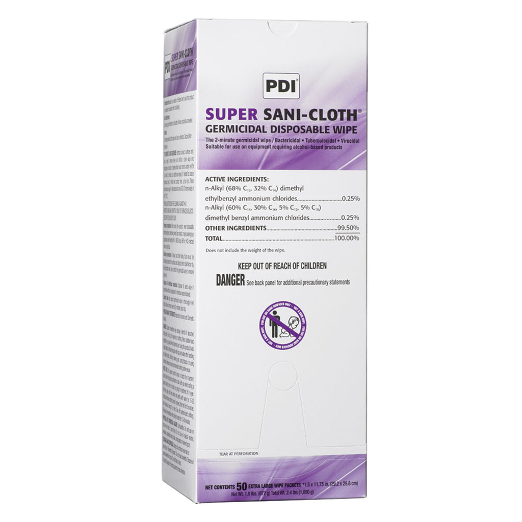 PDI SUPER SANI-CLOTH GERMICIDAL DISPOSABLE WIPE Germicidal Disposable Wipe, X-Large, Individual, Boxed, 11½" x 11¾",  50/bx, 3 bx/cs (96 cs/plt)