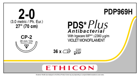 Ethicon PDS Plus PDP969H Suture - Size 2-0, 27" Violet Monofilament, CP-2 Reverse Cutting Needle (Box of 36) Ethicon