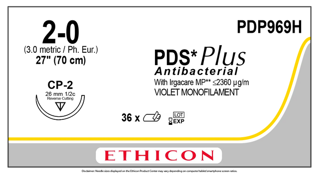Ethicon PDS Plus PDP969H Suture - Size 2-0, 27" Violet Monofilament, CP-2 Reverse Cutting Needle (Box of 36) Ethicon
