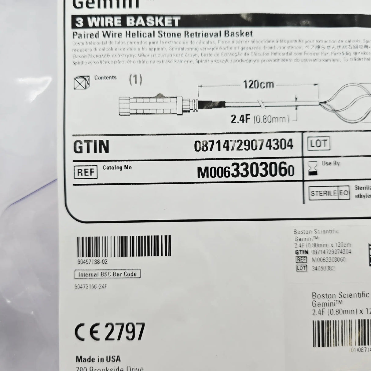 Gemini 3-Wire Helical Stone Retrieval Basket 2.4Fr x 120cm - Boston Scientific M0063303060 Boston Scientific