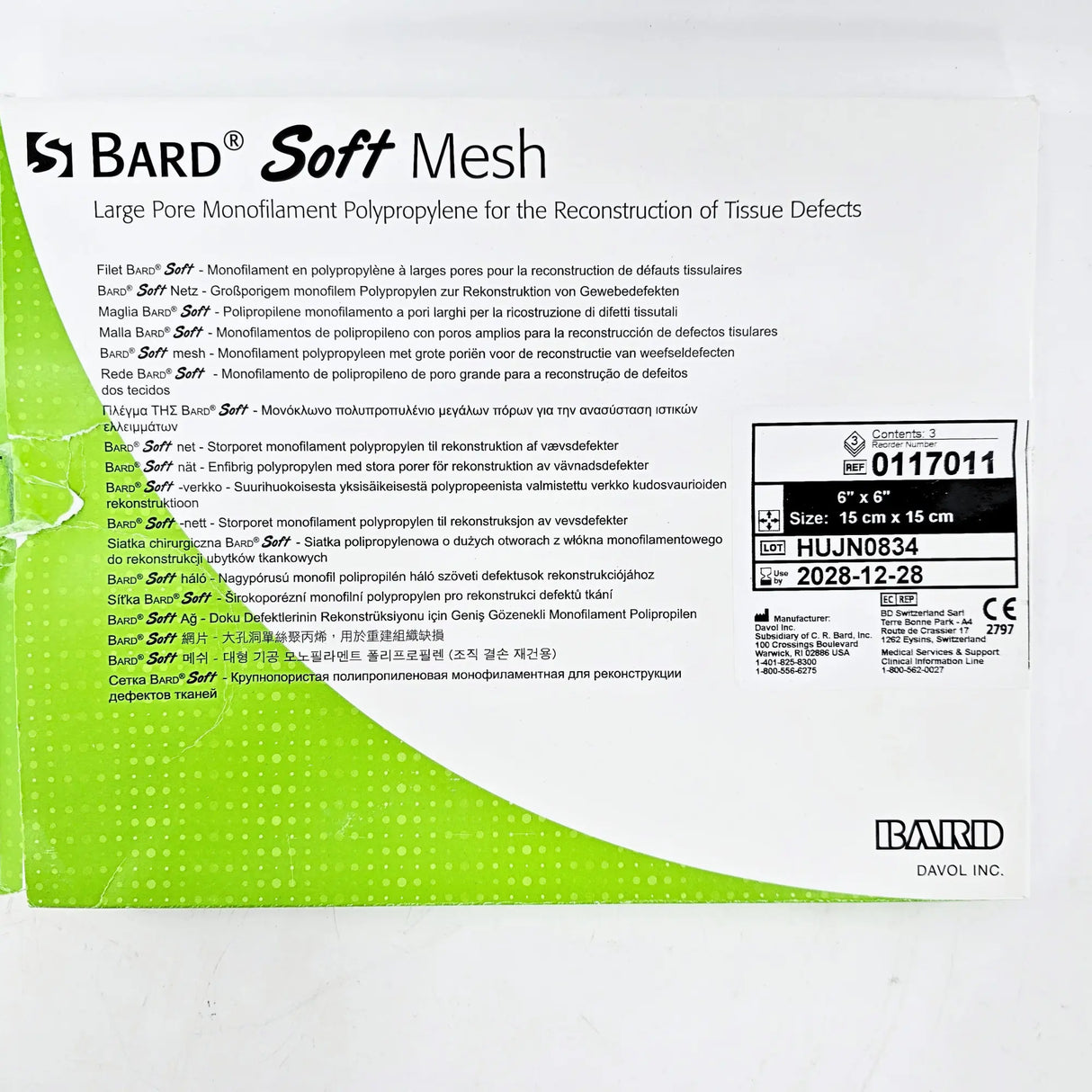 Bard 0117011 Soft Mesh 6x6 Inch Polypropylene Hernia Repair Sterile Bard