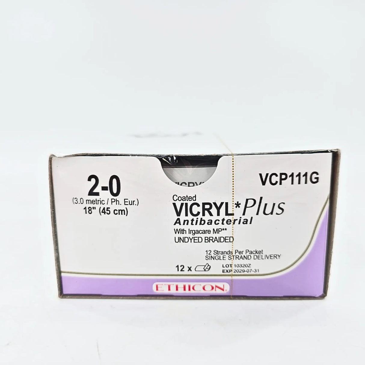 Ethicon Vicryl Plus VCP111G Antibacterial Suture - Size 4-0, 18" Violet Braided, PS-3 Needle (Box of 12) Ethicon