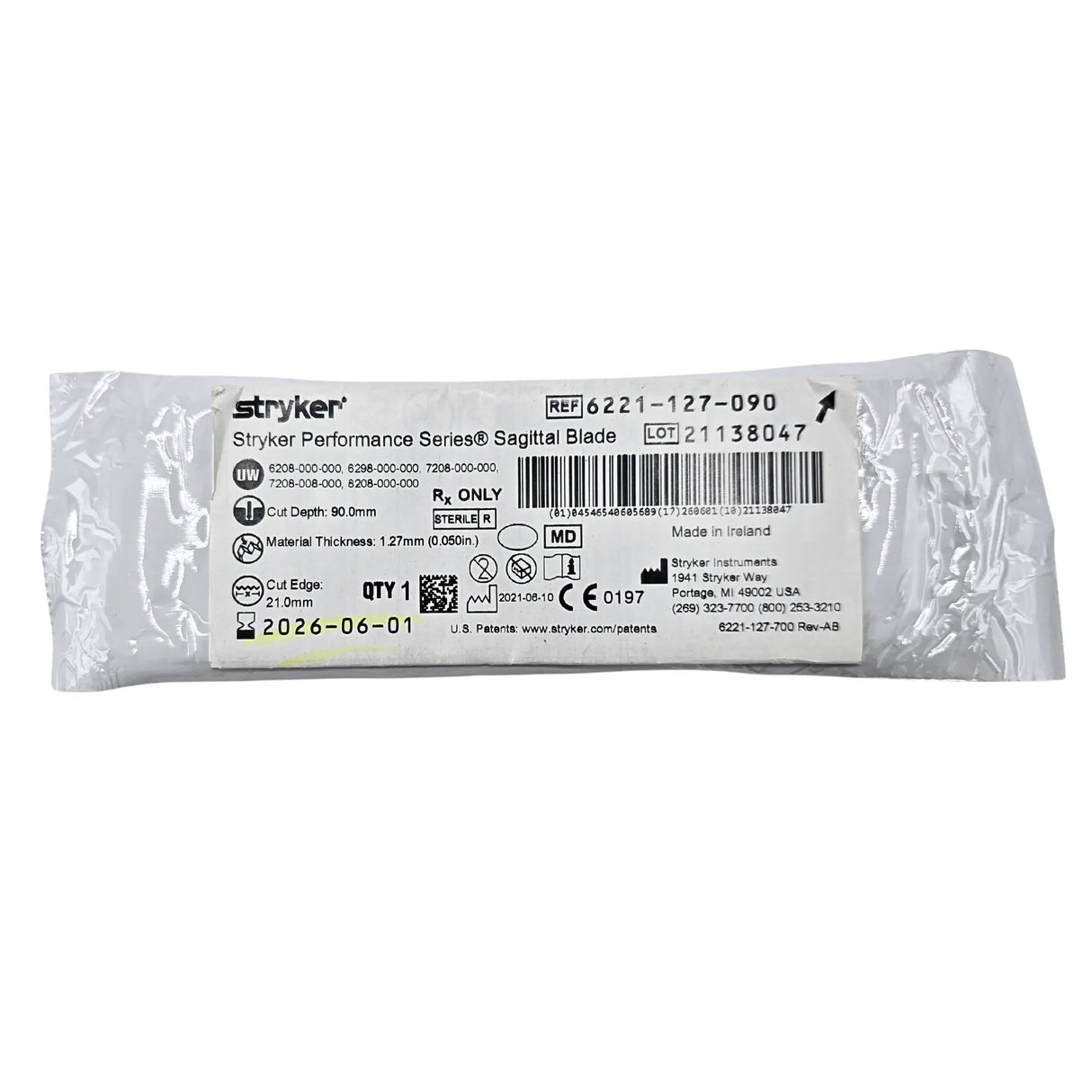 Stryker 6221-127-090 Performance Series Sagittal Saw Blade - 21mm x 90mm x 1.27mm Aggressive Cut Stryker