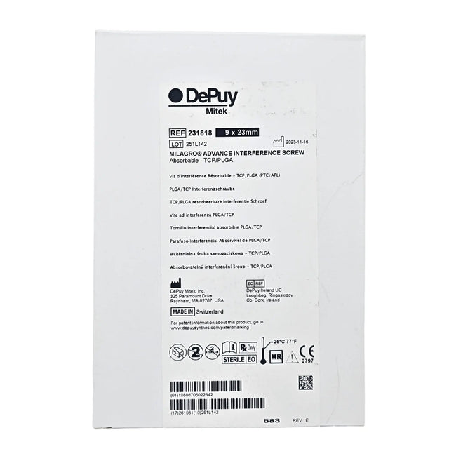 DePuy Mitek 231818 MILAGRO ADVANCE Interference Screw – 9mm x 23mm Biocryl Rapide DePuy Mitek