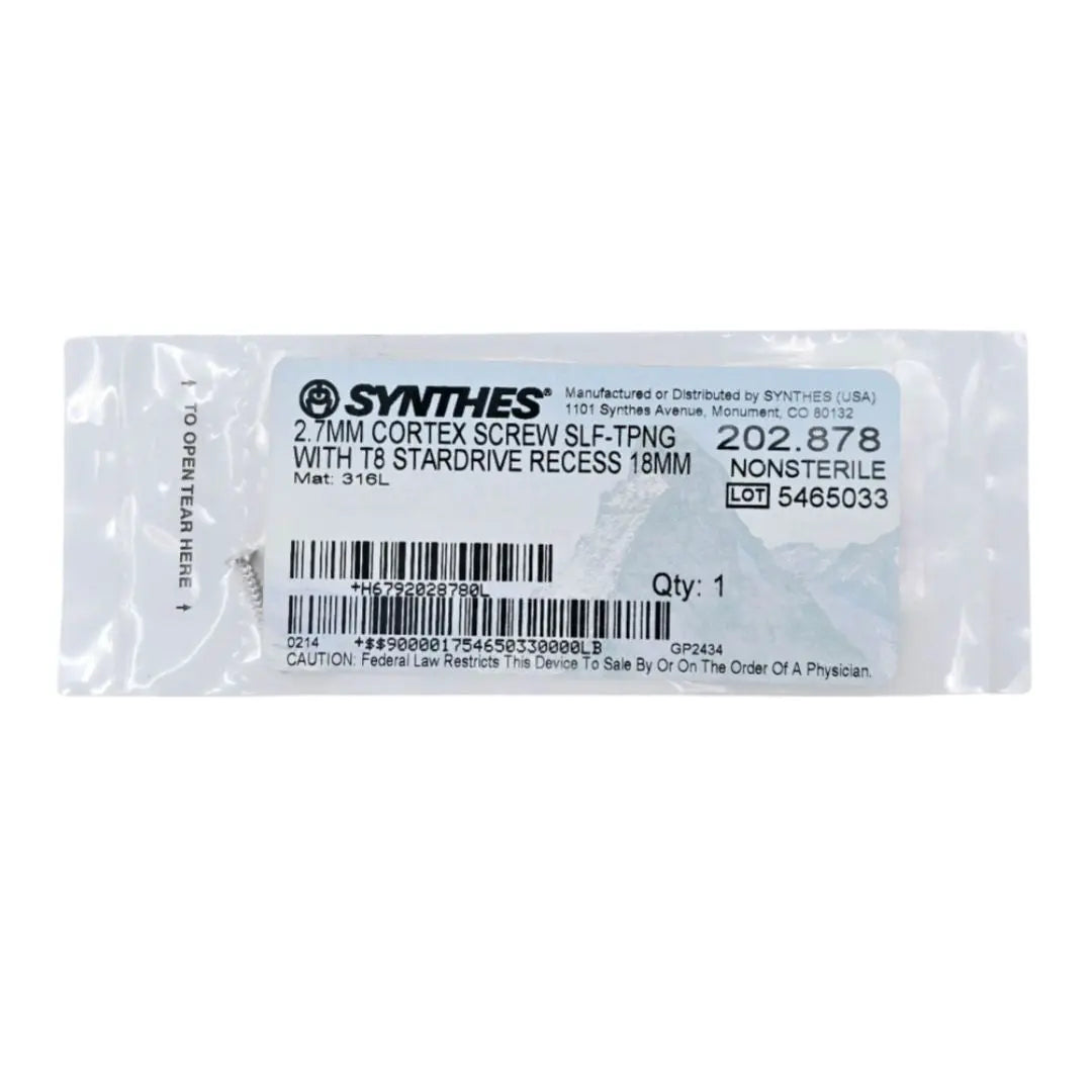 Synthes 202.878 2.7mm Cortex Screw Self-Tapping w/ T8 Stardrive Recess 18mm Synthes