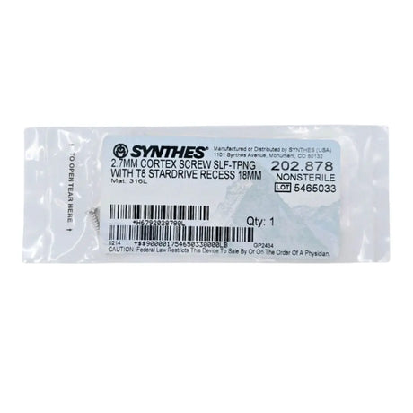 Synthes 202.878 2.7mm Cortex Screw Self-Tapping w/ T8 Stardrive Recess 18mm Synthes