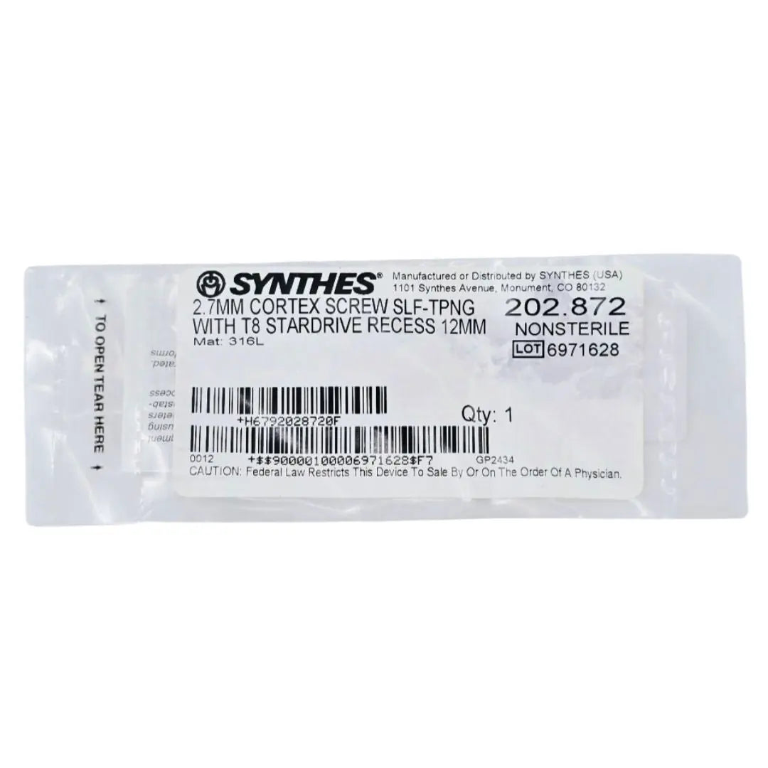 Synthes 202.872 2.7mm Cortex Screw Self-Tapping w/ T8 Stardrive Recess 12mm Synthes
