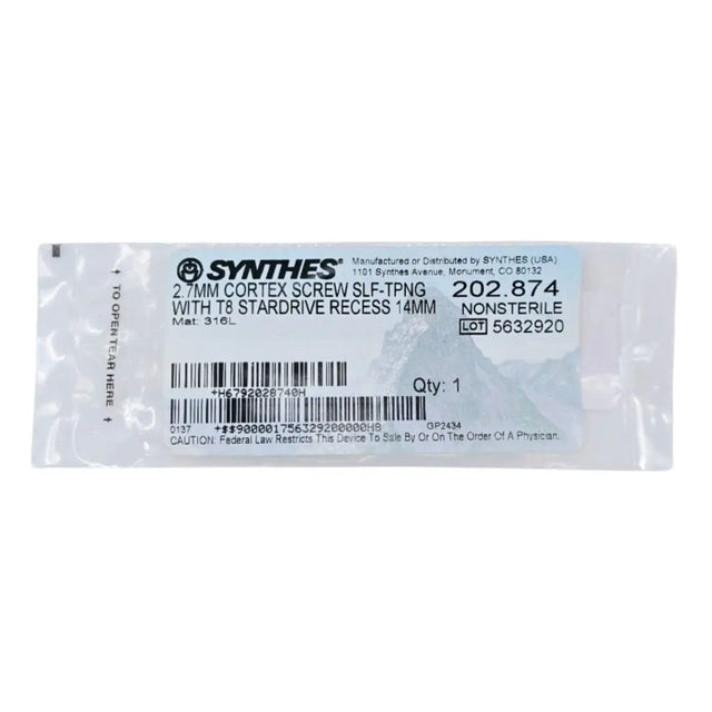 Synthes 202.874 2.7mm Cortex Screw Self-Tapping w/ T8 Stardrive Recess 14mm Synthes
