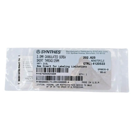 Synthes 202.625 3.0mm Cannulated Screw Short Thread 25mm Synthes