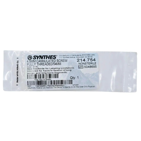 Synthes 214.754 4.5mm Cannulated Screw Fully Threaded/54mm Synthes