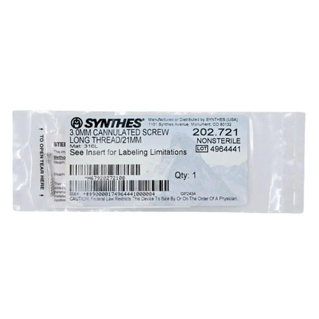 Synthes 202.721 3.0mm Cannulated Screw Long Thread/21mm Synthes
