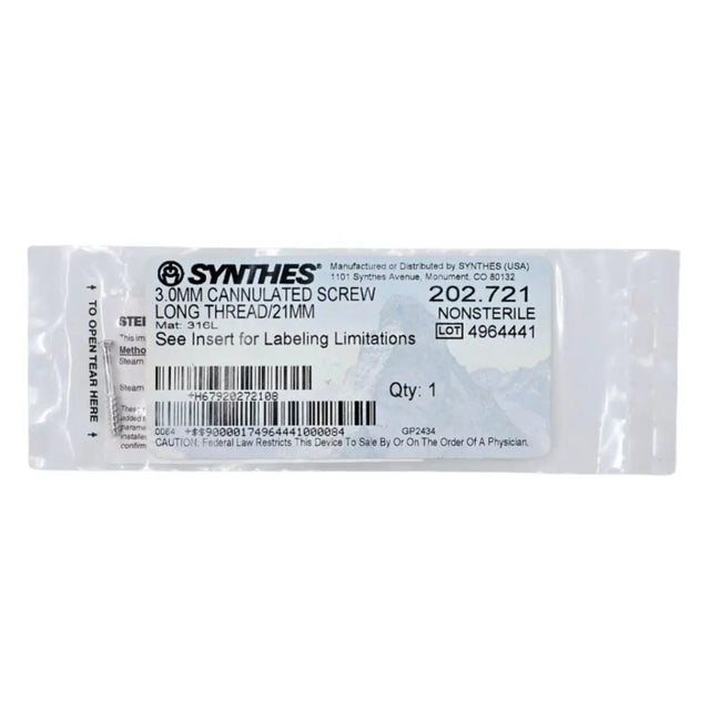 Synthes 202.721 3.0mm Cannulated Screw Long Thread/21mm Synthes