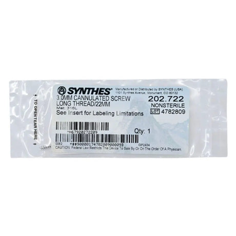 Synthes 202.722 3.0mm Cannulated Screw Long Thread/22mm Synthes