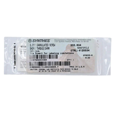 Synthes 202.634 3.0mm Cannulated Screw Short Thread/34mm Synthes
