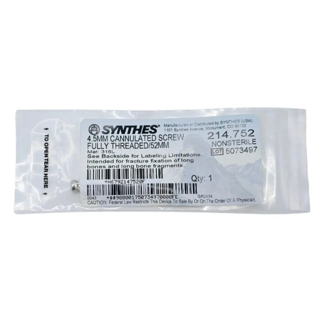 Synthes 214.752 4.5mm Cannulated Screw Fully Threaded/52mm Synthes