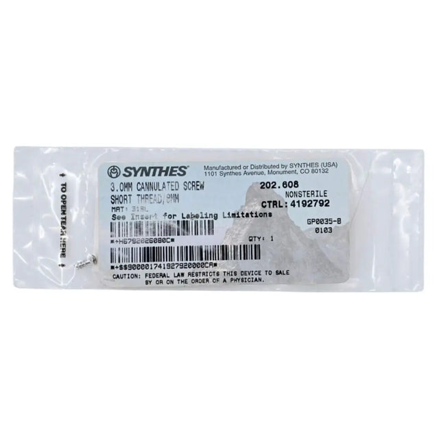 Synthes 202.608 3.0mm Cannulated Screw Short Thread/8mm Synthes