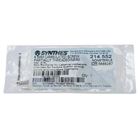 Synthes 214.552 4.5mm Cannulated Screw Partially Threaded/52mm Synthes