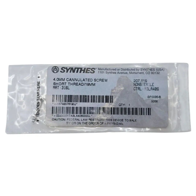 Synthes 207.619 4.0mm Cannulated Screw Short Thread/19mm Synthes