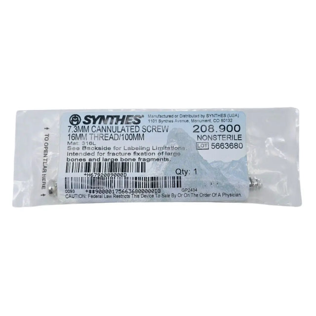 Synthes 208.900 7.3mm Cannulated Screw 16mm Thread/100mm Synthes