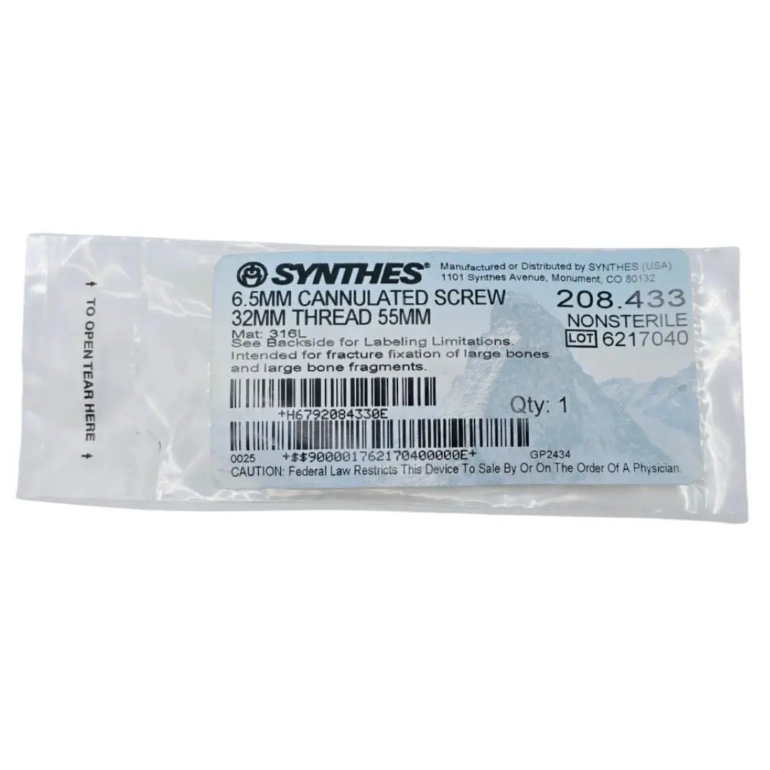 Synthes 208.433 6.5mm Cannulated Screw 32mm Thread 55mm Synthes