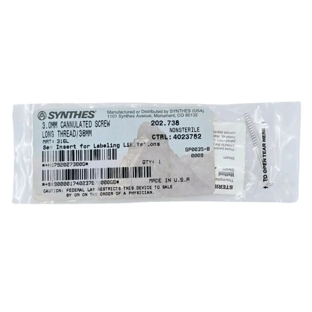 Synthes 202.738 3.0mm Cannulated Screw Long Thread/38mm Synthes
