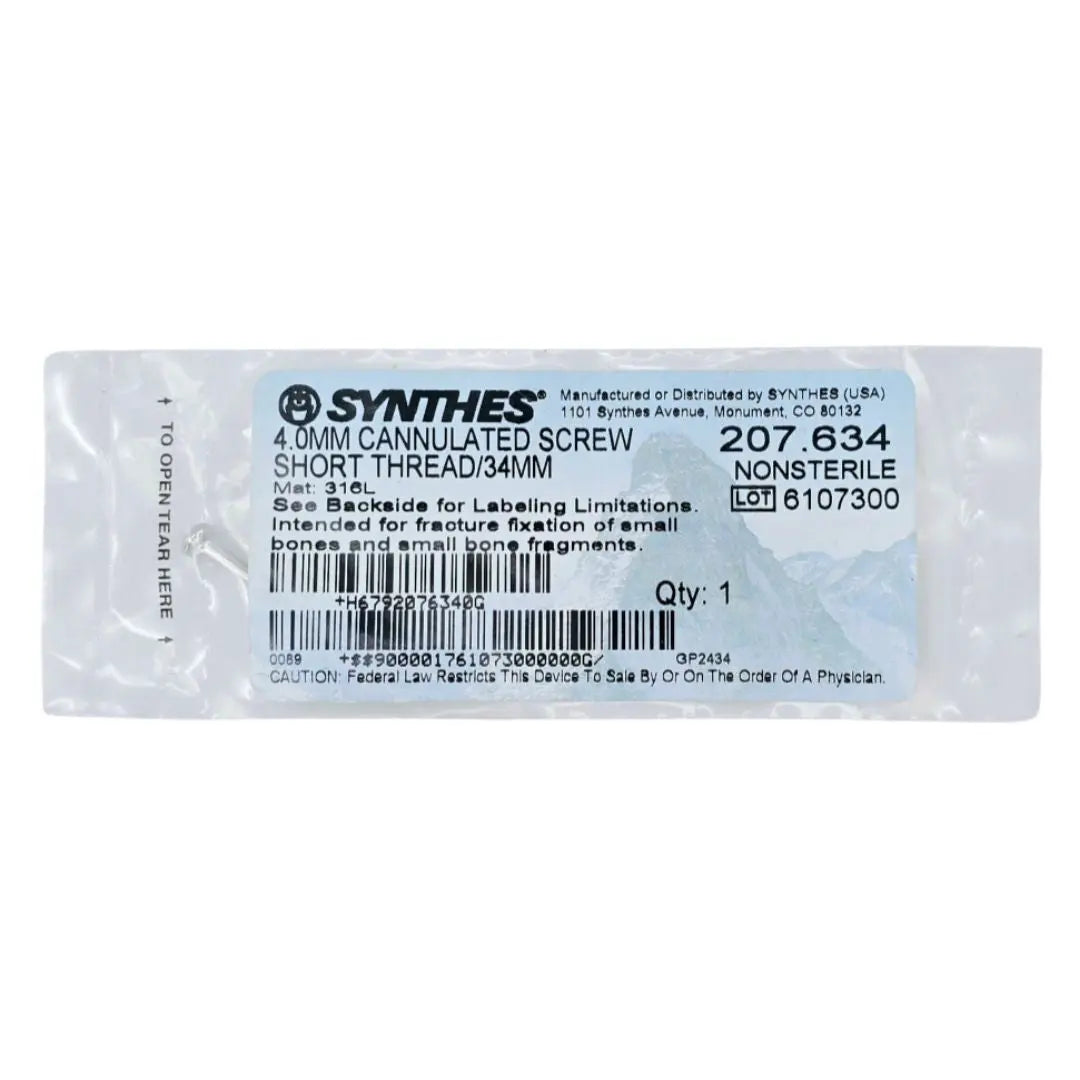 Synthes 207.634 4.0mm Cannulated Screw Short Thread/34mm Synthes