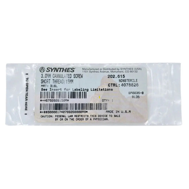 Synthes 202.615 3.0mm Cannulated Screw Short Thread/15mm Synthes