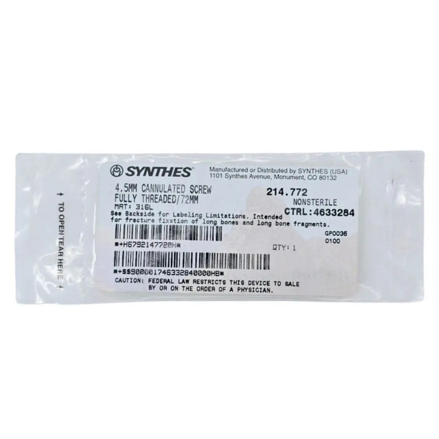 Synthes 214.772 4.5mm Cannulated Screw Fully Threaded/72mm Synthes