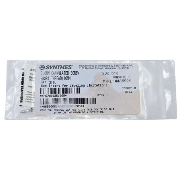 Synthes 202.610 3.0mm Cannulated Screw Short Thread/10mm Synthes