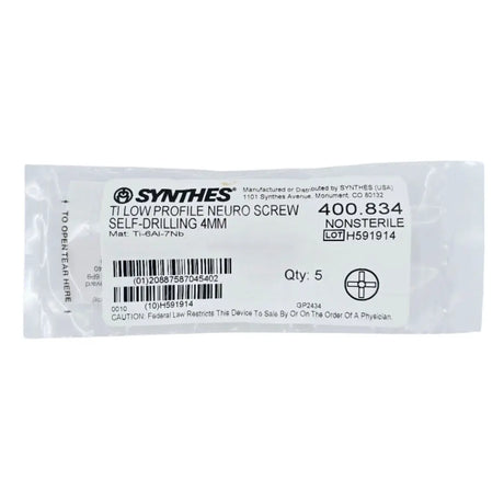 Synthes 400.834 TI Low Profile Neuro Screw Self-Drilling 4mm Pack of 5 Synthes