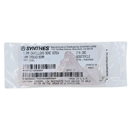 Synthes 216.080 6.5mm Cancellous Bone Screw 16mm Thread/80mm Synthes