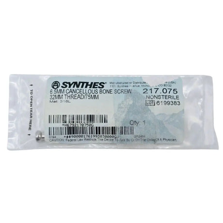 Synthes 217.075 6.5mm Cancellous Bone Screw 32mm Thread/75mm Synthes