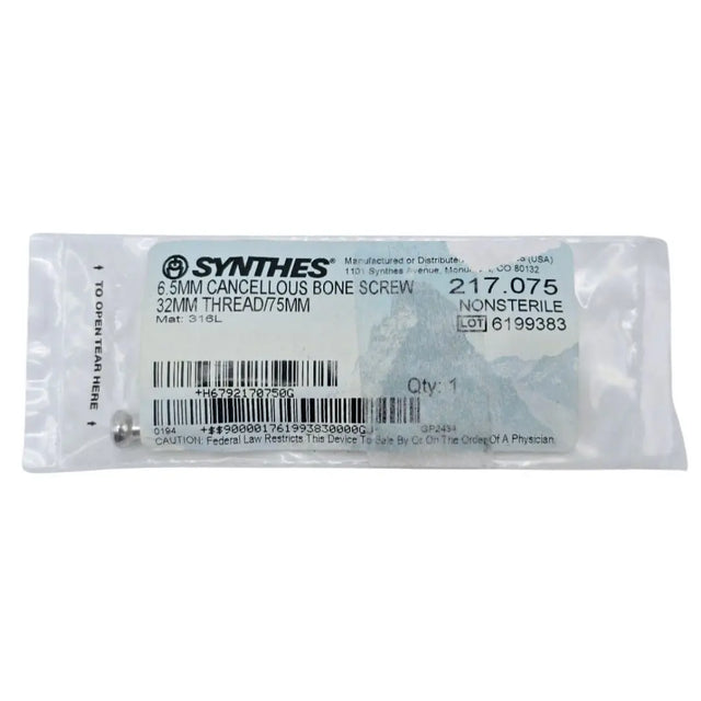Synthes 217.075 6.5mm Cancellous Bone Screw 32mm Thread/75mm Synthes