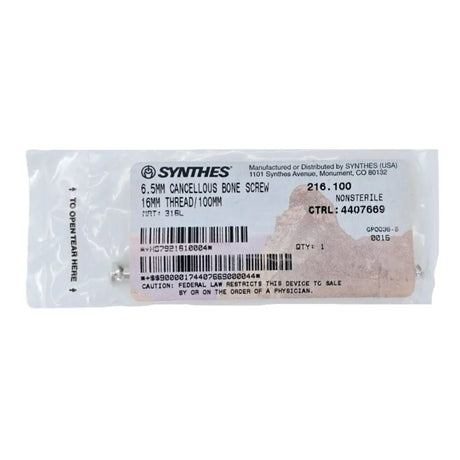 Synthes 216.100 6.5mm Cancellous Screw 16mm Thread/100mm Synthes
