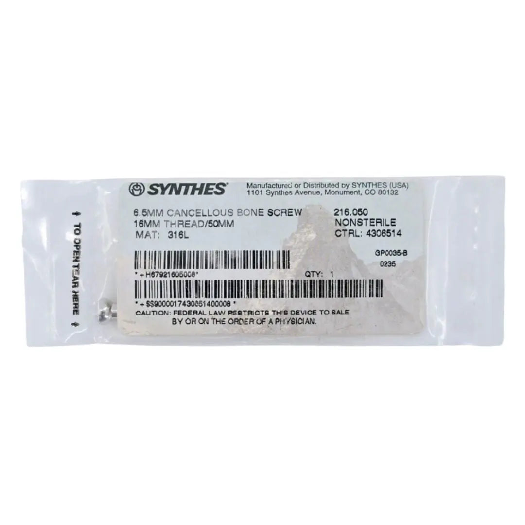 Synthes 216.050 6.5mm Cancellous Bone Screw 16mm Thread/50mm Synthes