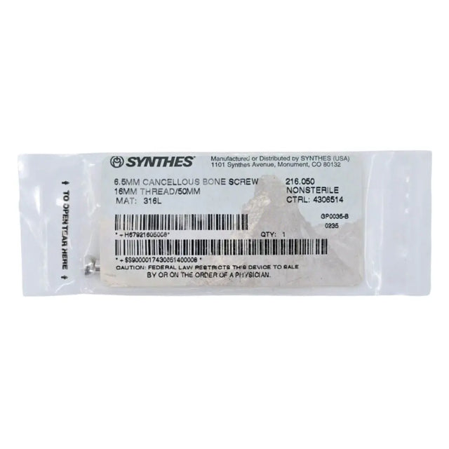 Synthes 216.050 6.5mm Cancellous Bone Screw 16mm Thread/50mm Synthes