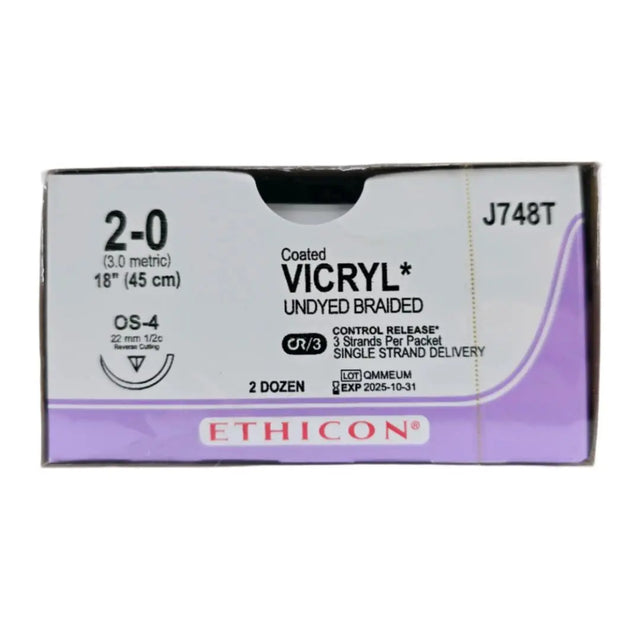 Ethicon J748T 2-0 Coated VICRYL Plus Violet 1X18" OS-4 Box of 24 Ethicon